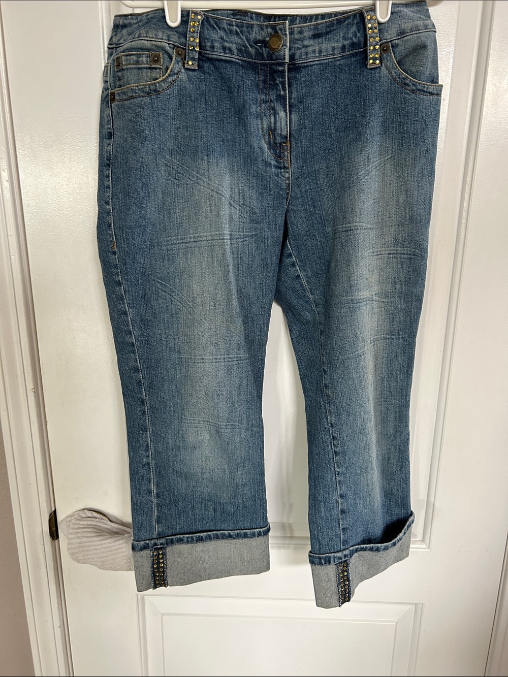 INC International Concepts Medium Blue Cropped Stud-Trim Jeans
